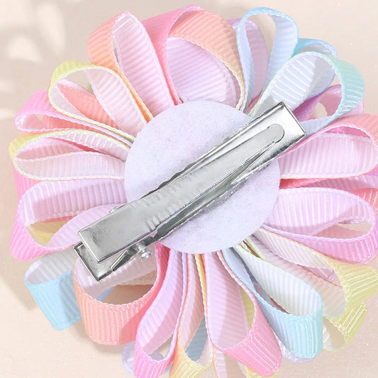 2Pcs Rainbow Hydrangea Flower Hair Clips – Kids Ribbon Ponytail Holders