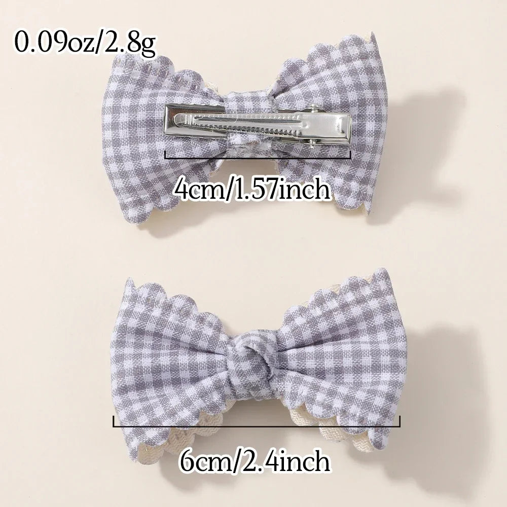 2Pcs Flower Print Bow Hair Clips for Baby Girls – Handmade Plaid Bowknot Hairpins