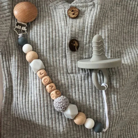 Personalized Baby Pacifier Clip – Crown Silicone & Beech Wood Teether Holder Chain