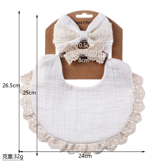 Cotton Muslin Baby Bib Set – Multi-Use Scarf, Headband & Drool Bib with Tassel Trim