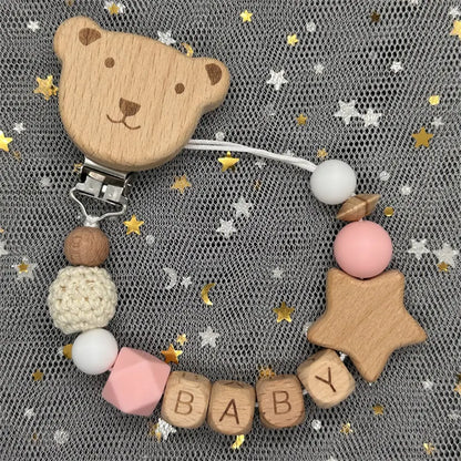 Custom Name Bear Pacifier Clip – Handmade Wooden & Silicone Teether Chain