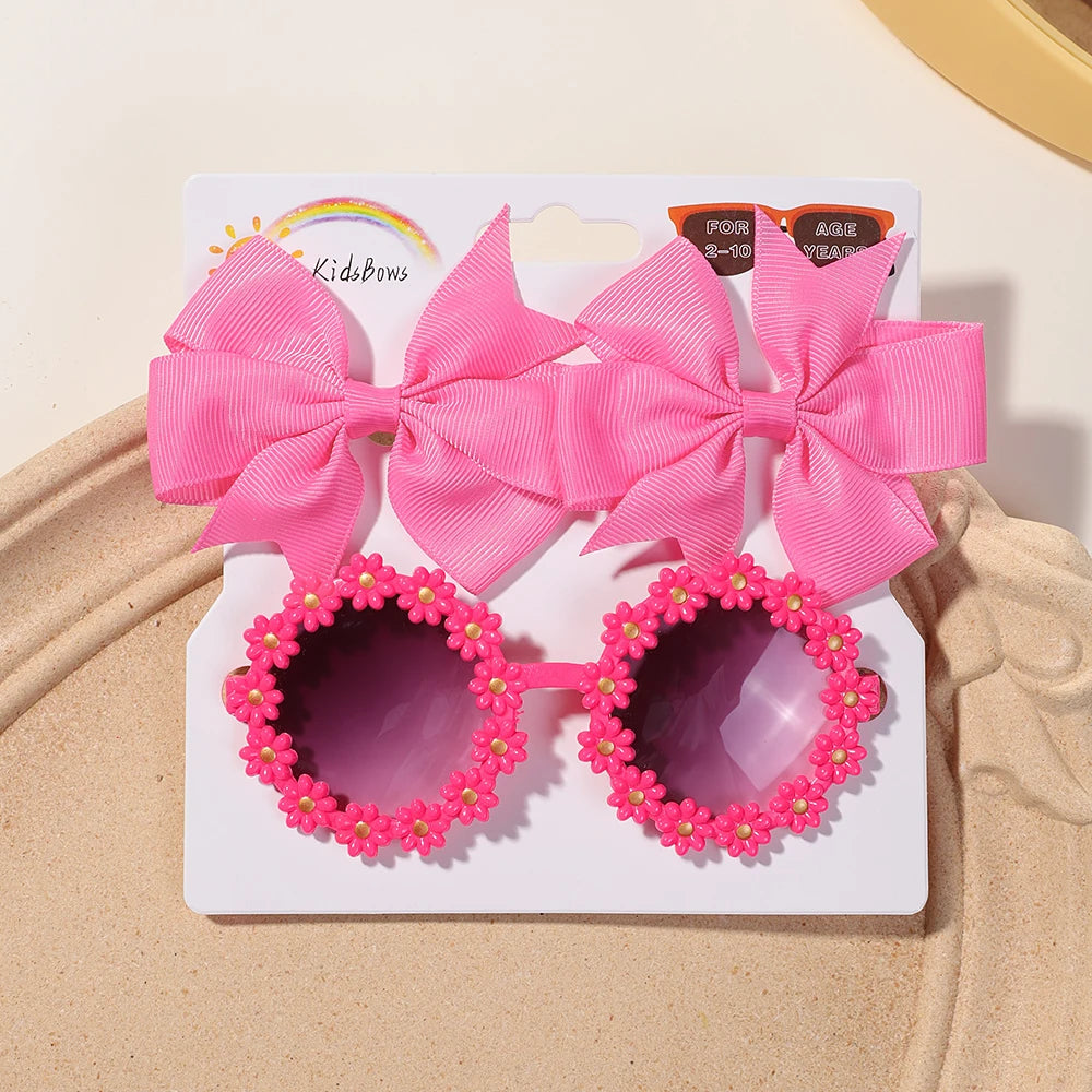 3Pcs Cheer Bow Hairclip & Retro Flower Sunglasses Set – Kids Handmade Hair Accessories