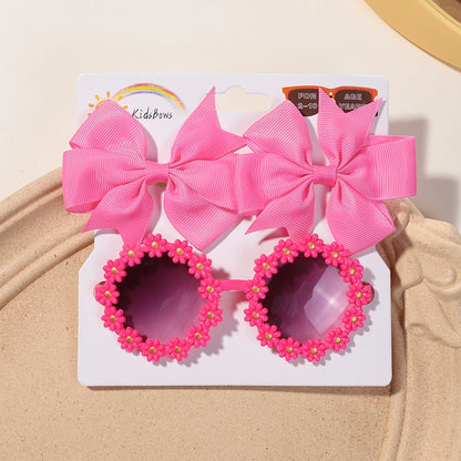3Pcs Cheer Bow Hairclip & Retro Flower Sunglasses Set – Kids Handmade Hair Accessories