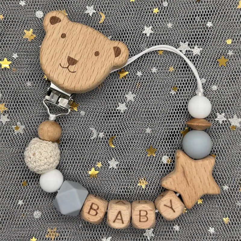 Custom Name Bear Pacifier Clip – Handmade Wooden & Silicone Teether Chain