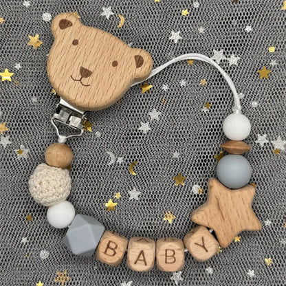 Custom Name Bear Pacifier Clip – Handmade Wooden & Silicone Teether Chain