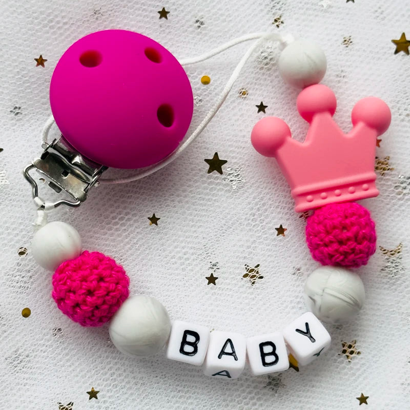 Custom Name Animal Pacifier Clip – Personalized Silicone & Beech Wood Teether Chain