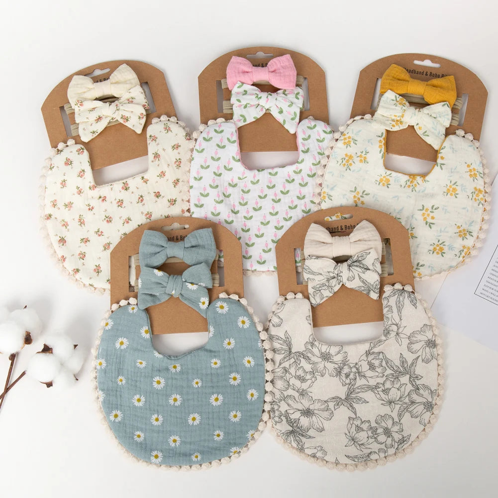 3-Pack Baby Flower Bibs & Bow Headband Set