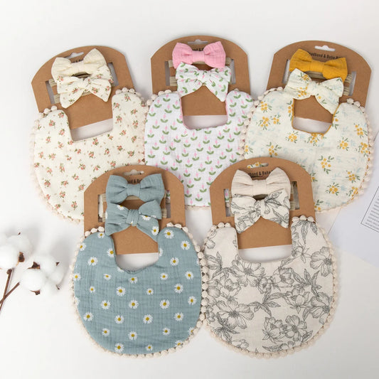 3-Pack Baby Flower Bibs & Bow Headband Set