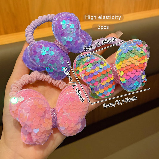 3Pcs Shiny Bow Hair Rings – Colorful Elastic Hair Bands for Girls
