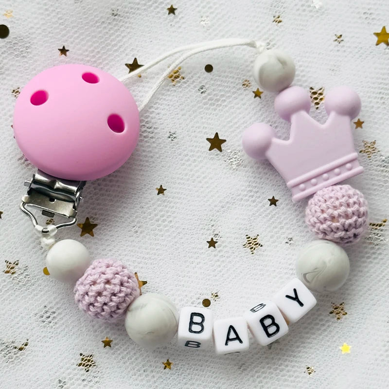 Custom Name Animal Pacifier Clip – Personalized Silicone & Beech Wood Teether Chain