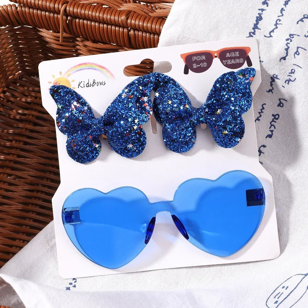 Sparkling Butterfly Hair Clip & Love Glasses Set – Fashion Kids Hair Accessories