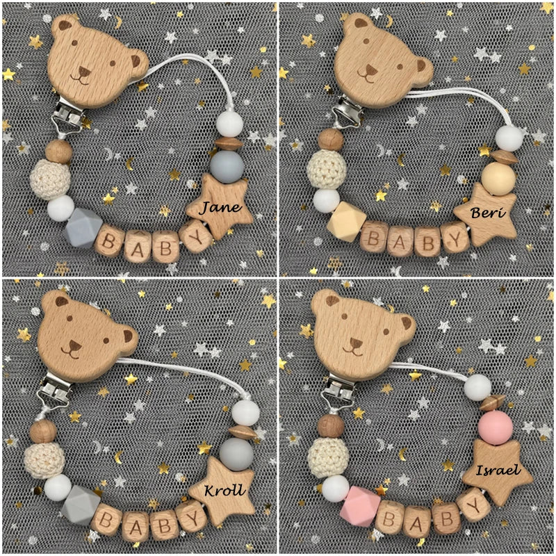 Custom Name Bear Pacifier Clip – Handmade Wooden & Silicone Teether Chain