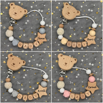 Custom Name Bear Pacifier Clip – Handmade Wooden & Silicone Teether Chain