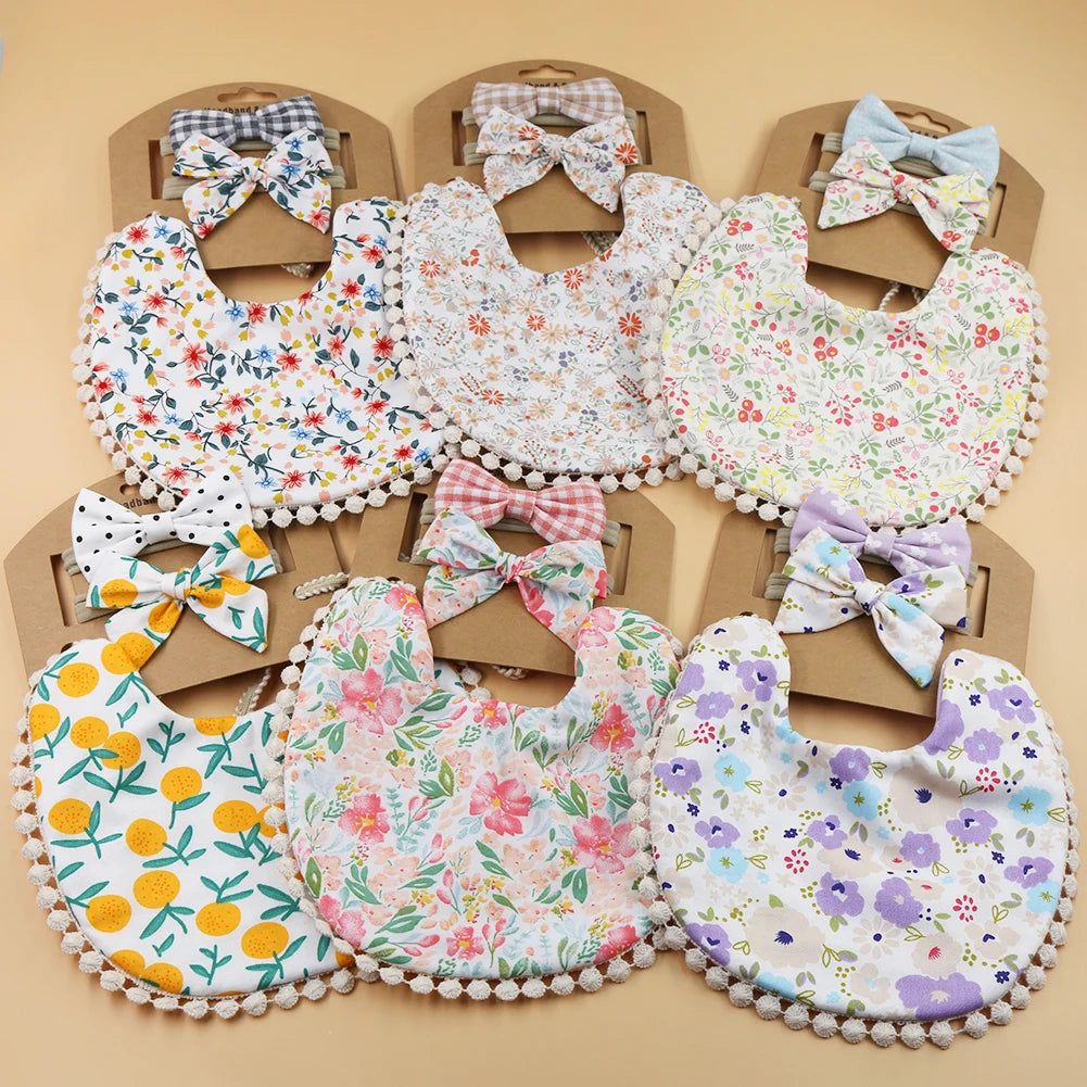Floral Cotton Linen Baby Bib with Matching Headband – Double-Layer, Reversible Bandana Bib