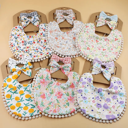 Floral Cotton Linen Baby Bib with Matching Headband – Double-Layer, Reversible Bandana Bib