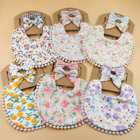 Floral Cotton Linen Baby Bib with Matching Headband – Double-Layer, Reversible Bandana Bib