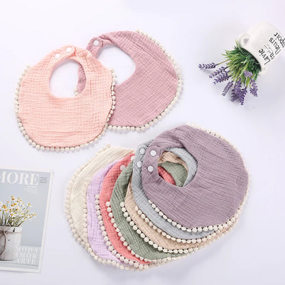 Solid Cotton Gauze Baby Bib – Soft Tassel Bandana Burp Cloth