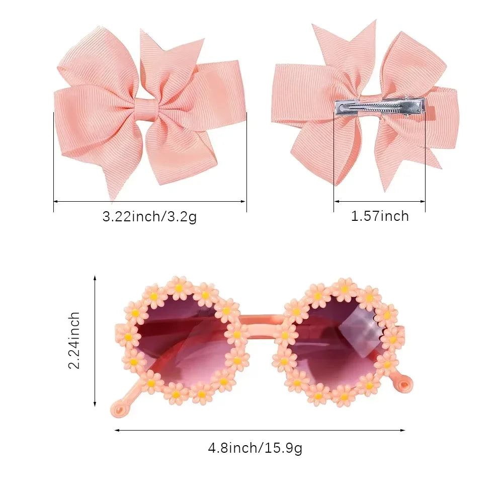 3Pcs Cheer Bow Hairclip & Retro Flower Sunglasses Set – Kids Handmade Hair Accessories