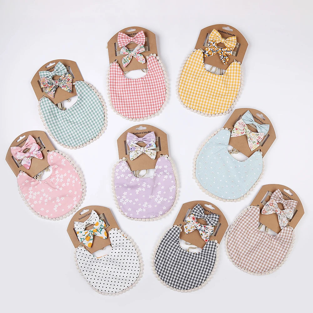 Floral Cotton Linen Baby Bib with Matching Headband – Double-Layer, Reversible Bandana Bib