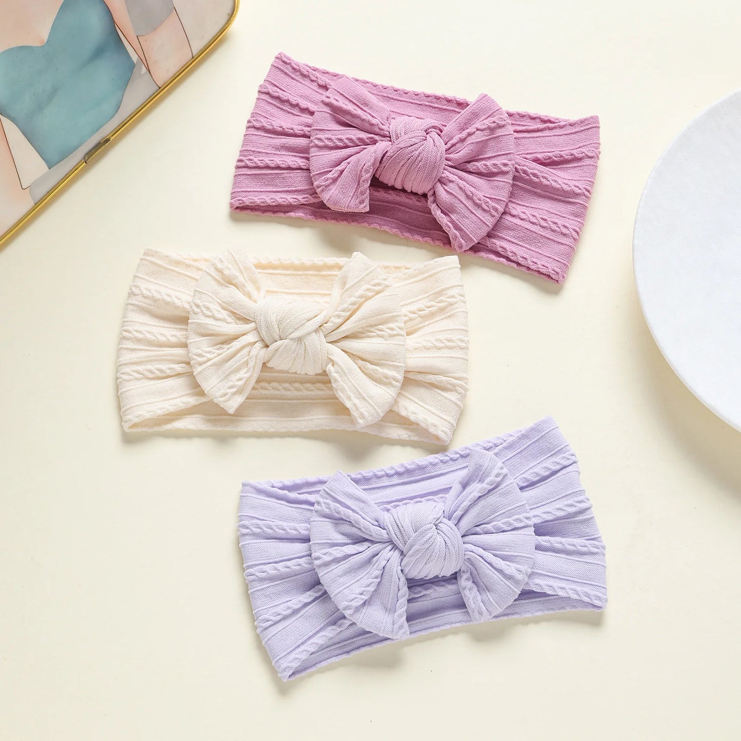 3Pcs Soft Nylon Knot Bow Baby Headbands – Cable Knit Turban Wraps