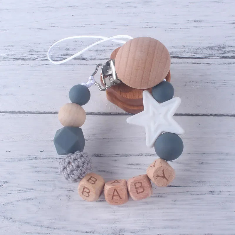 Personalized Rainbow Pacifier Clip – Handmade Beech & Silicone Name Teether Holder