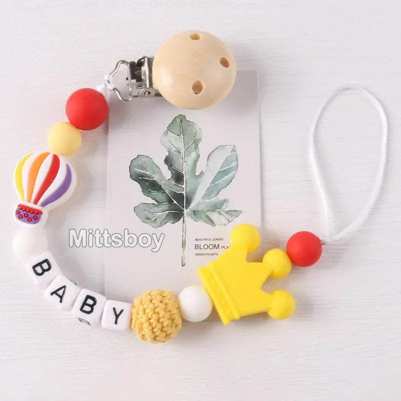 Personalized Rainbow Pacifier Clip – Handmade Beech & Silicone Name Teether Holder