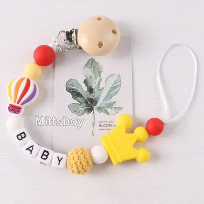 Personalized Rainbow Pacifier Clip – Handmade Beech & Silicone Name Teether Holder