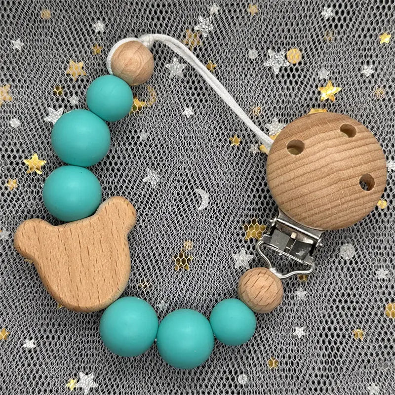 Custom Name Bear Pacifier Clip – Handmade Wooden & Silicone Teether Chain