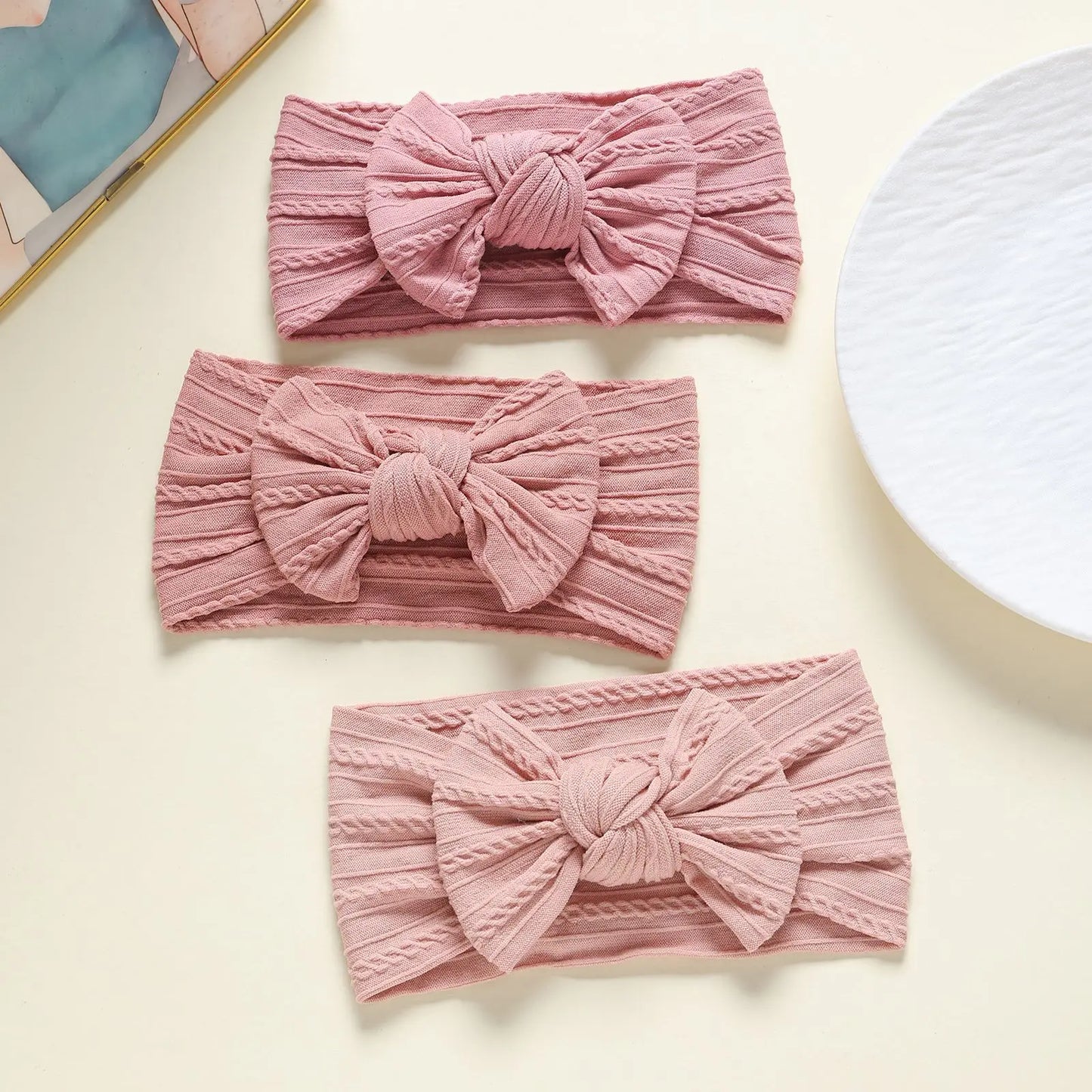 3Pcs Soft Nylon Knot Bow Baby Headbands – Cable Knit Turban Wraps