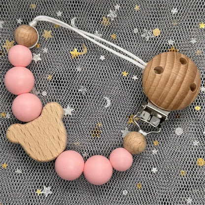 Custom Name Bear Pacifier Clip – Handmade Wooden & Silicone Teether Chain