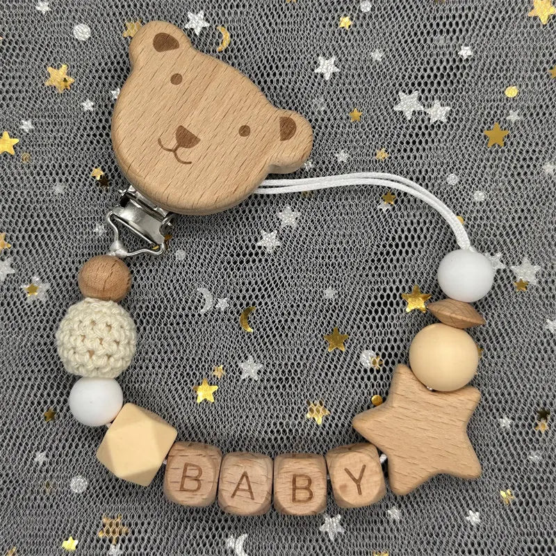 Custom Name Bear Pacifier Clip – Handmade Wooden & Silicone Teether Chain