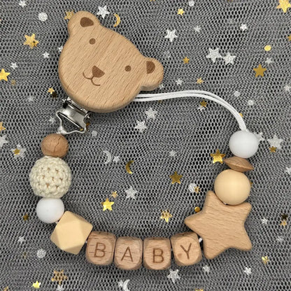 Custom Name Bear Pacifier Clip – Handmade Wooden & Silicone Teether Chain