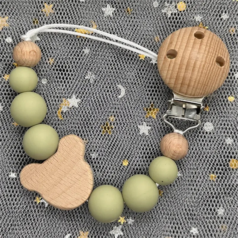 Custom Name Bear Pacifier Clip – Handmade Wooden & Silicone Teether Chain