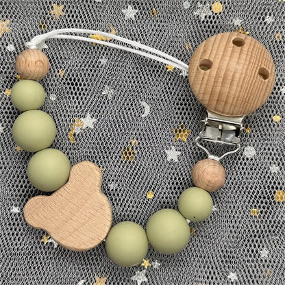 Custom Name Bear Pacifier Clip – Handmade Wooden & Silicone Teether Chain