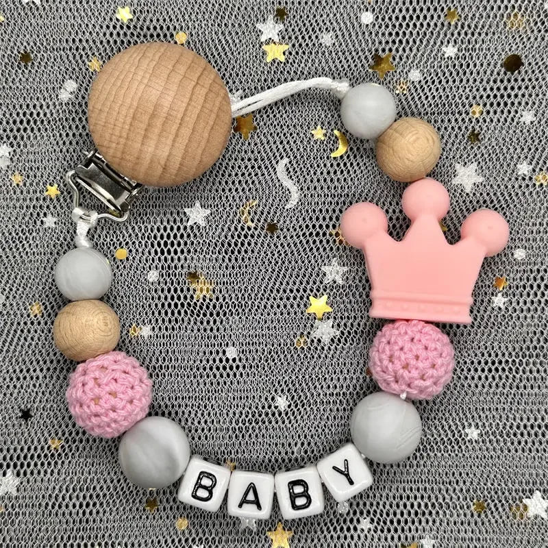 Personalized Rainbow Pacifier Clip – Handmade Beech & Silicone Name Teether Holder