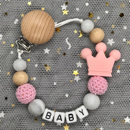 Personalized Rainbow Pacifier Clip – Handmade Beech & Silicone Name Teether Holder