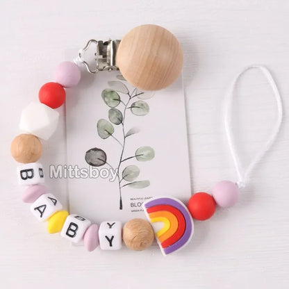 Personalized Rainbow Pacifier Clip – Handmade Beech & Silicone Name Teether Holder