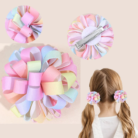 2Pcs Rainbow Hydrangea Flower Hair Clips – Kids Ribbon Ponytail Holders