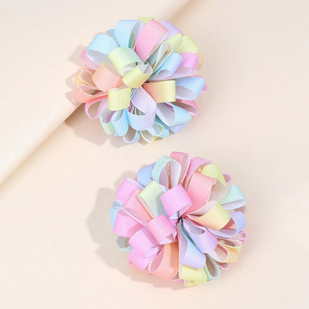 2Pcs Rainbow Hydrangea Flower Hair Clips – Kids Ribbon Ponytail Holders