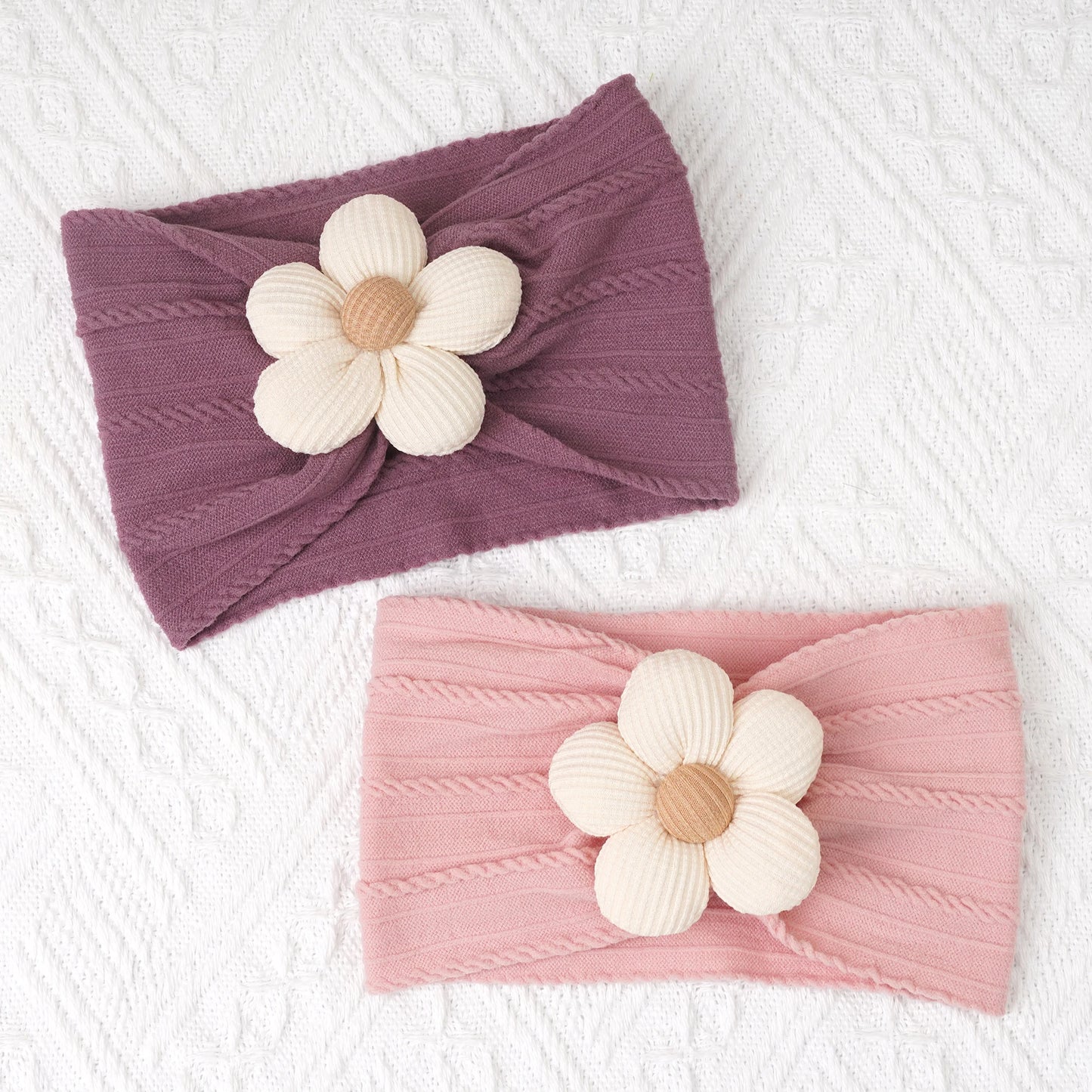3Pcs Nylon Flower Headbands for Baby Girls – Soft Elastic Knit Turban Bows