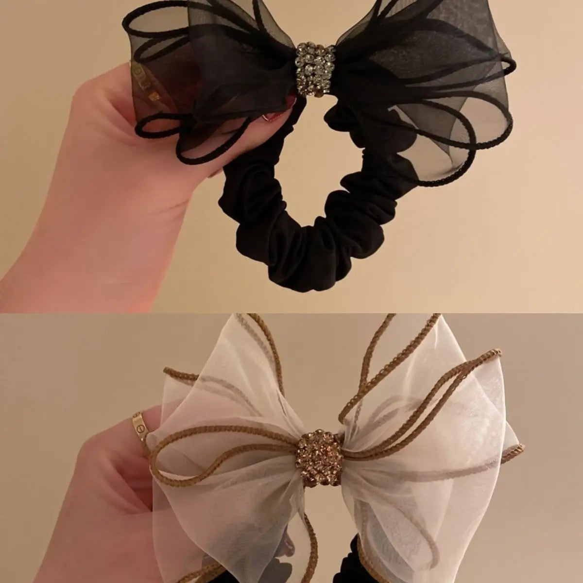 1PC Rhinestone Ribbon Elastic Hair Tie – Net Yarn Marble High Ponytail Band