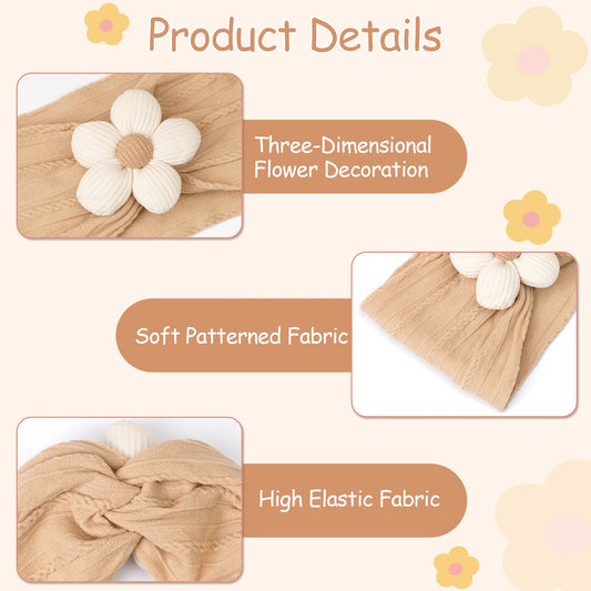 3Pcs Nylon Flower Headbands for Baby Girls – Soft Elastic Knit Turban Bows