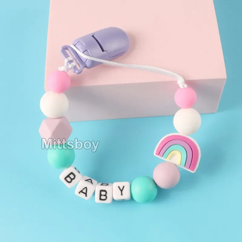 Personalized Rainbow Pacifier Clip – Handmade Beech & Silicone Name Teether Holder