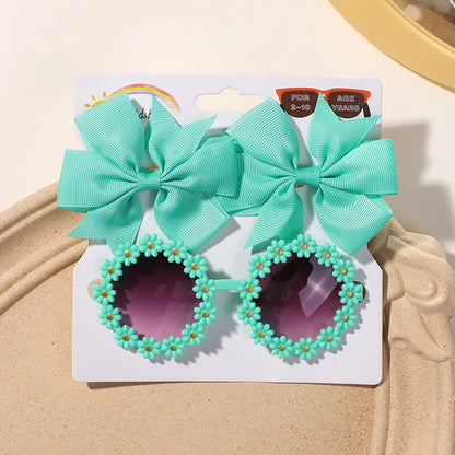 3Pcs Cheer Bow Hairclip & Retro Flower Sunglasses Set – Kids Handmade Hair Accessories