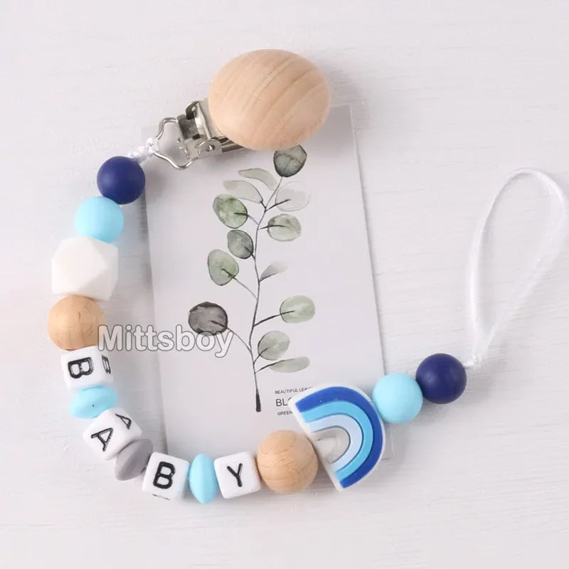 Personalized Rainbow Pacifier Clip – Handmade Beech & Silicone Name Teether Holder