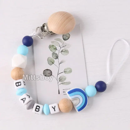 Personalized Rainbow Pacifier Clip – Handmade Beech & Silicone Name Teether Holder