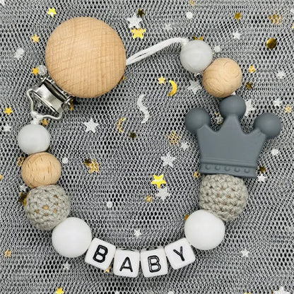 Personalized Rainbow Pacifier Clip – Handmade Beech & Silicone Name Teether Holder