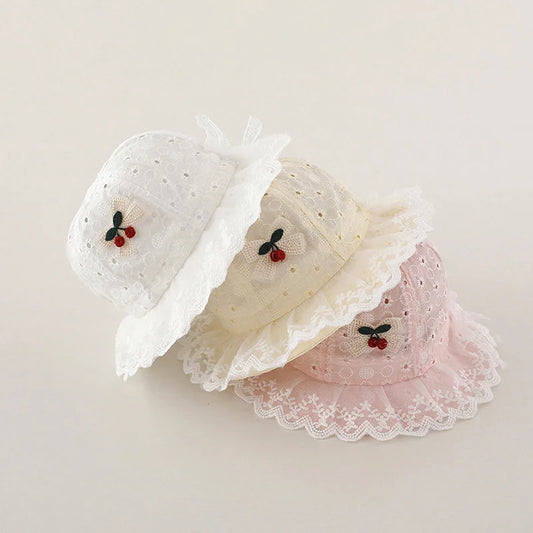 Lace Baby Bucket Hat with Cherry Design – Cotton Summer Sun