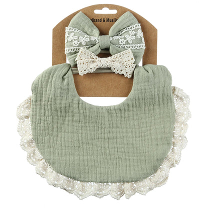 Cotton Muslin Baby Bib Set – Multi-Use Scarf, Headband & Drool Bib with Tassel Trim