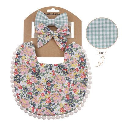 Floral Cotton Linen Baby Bib with Matching Headband – Double-Layer, Reversible Bandana Bib